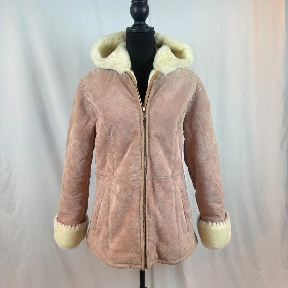 Wilsons Leather Pink Suede‎ Hooded Jacket Faux Fur Shearling Lined Dusty Rose